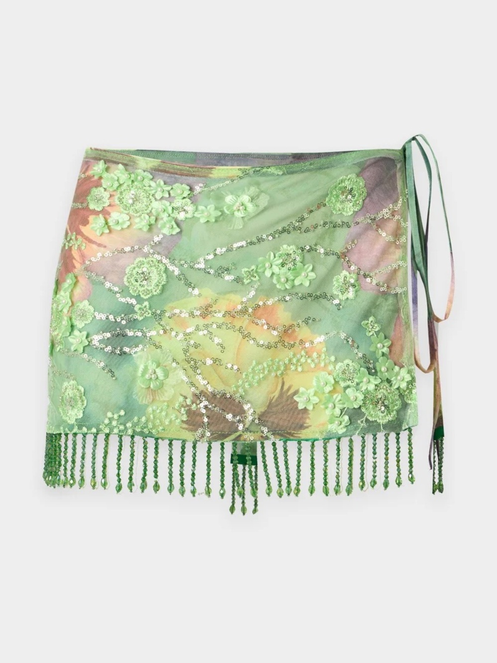 Green Floral Sequin Wrap Mini Skirt with Beaded Fringe